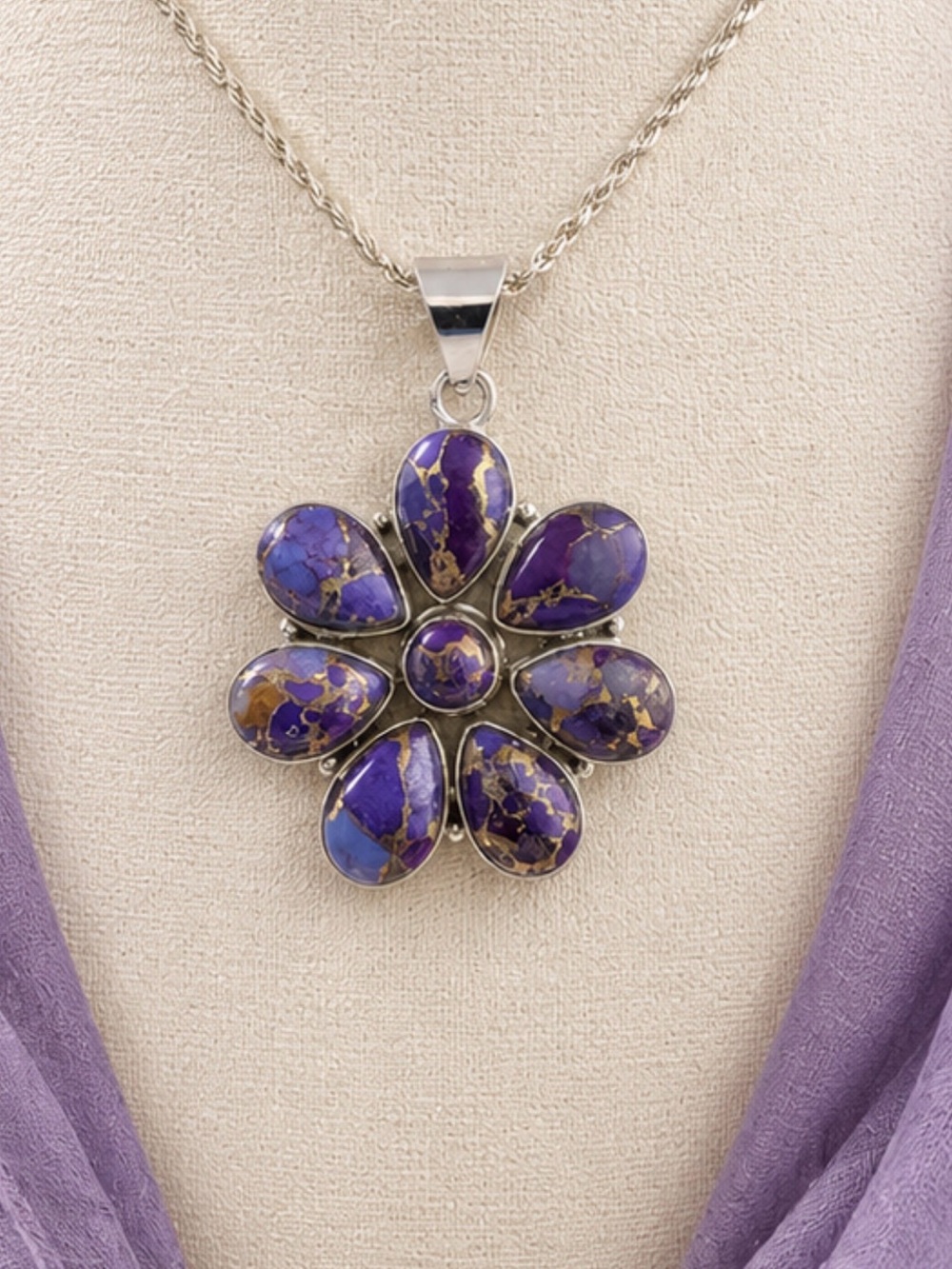 🤩Pendant 925 Sterling Silver Purple Dahlia Turquoise Flower Necklace